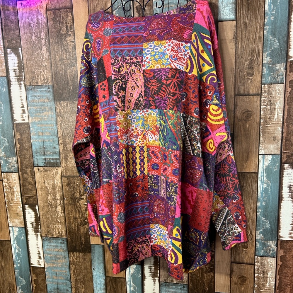 Bohemian artsy Colorful Patchwork Long Sleeve fuzzy Top - Picture 3 of 16